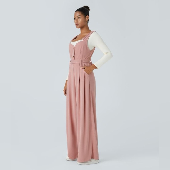HALARA‎ Ribbed Asymmetric Neck Sleeveless Button Belted Wide Leg Casual Jumpsuit - Picture 9 of 13